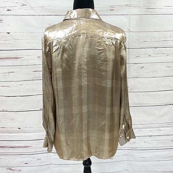 Ralph Lauren Purple Label Shirt Womens Size 10 Taupe Sequin Plaid Silk Blend - Picture 4 of 14